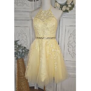 Light Yellow Lace Beaded A-line High Neck Tulle Lace Formal Dresses